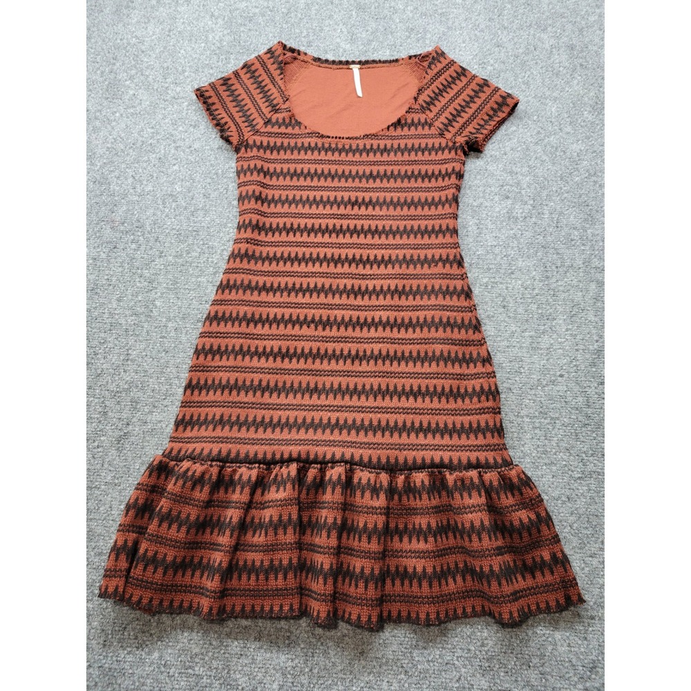 Free People Rust Orange Black Zigzag Knit Ruffle Hem Mini Dress XS OB324390